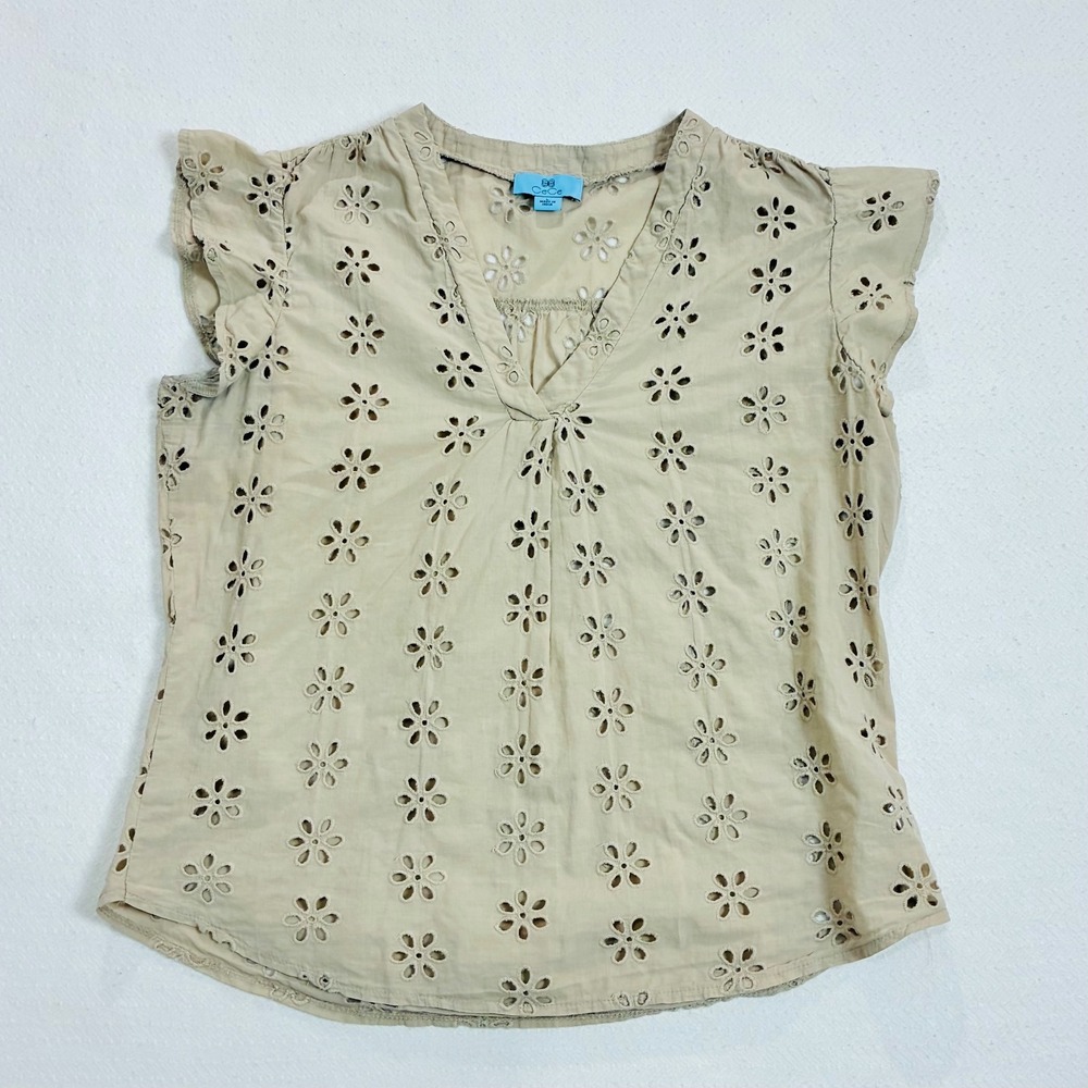 CeCe Eyelet Cotton Ruffle Sleeve Top Tan Cottagecore Boho‎ Large